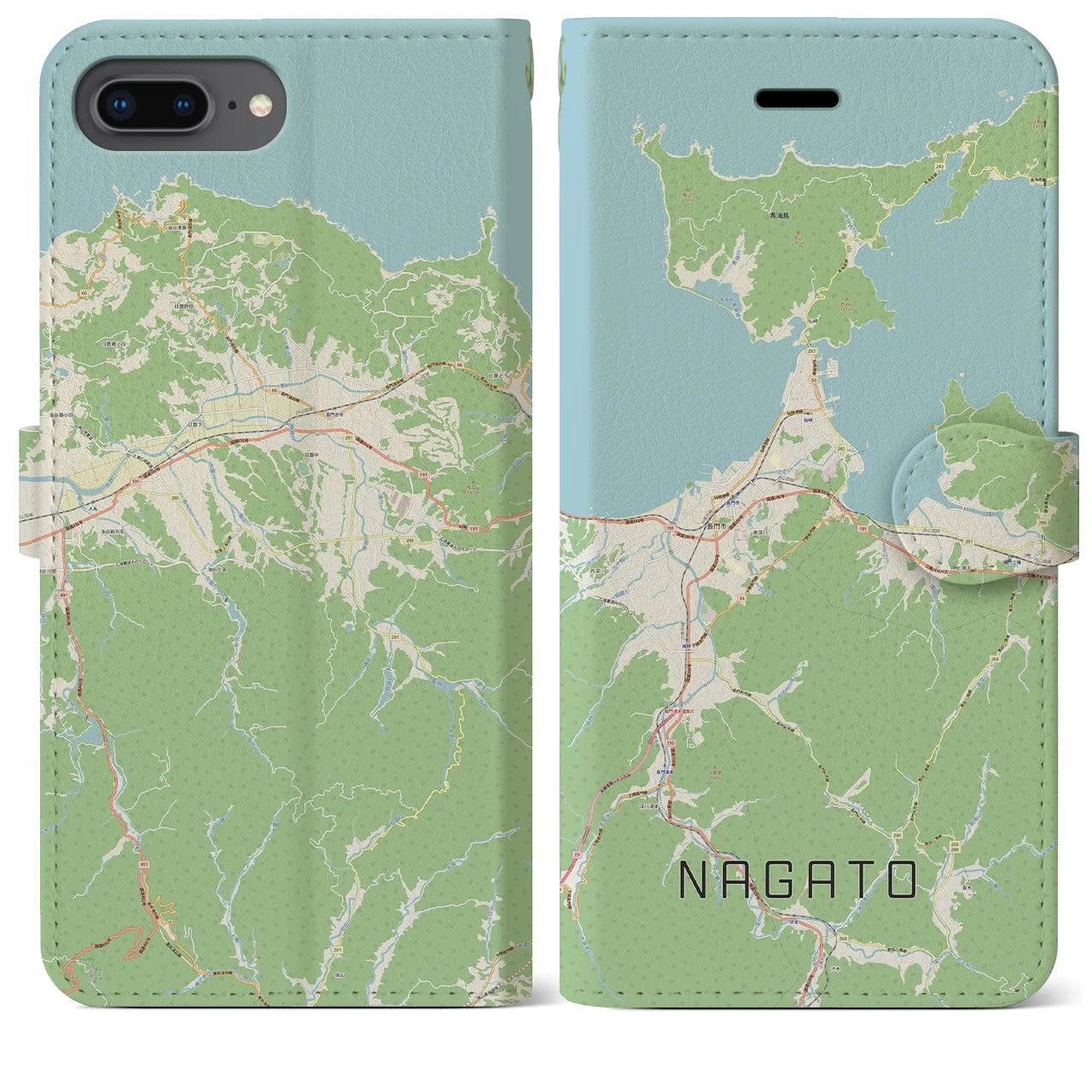 【長門(山口県)】地図柄iPhoneケース(手帳タイプ)ナチュラル・iPhone 8Plus /7Plus / 6sPlus / 6Plus 用