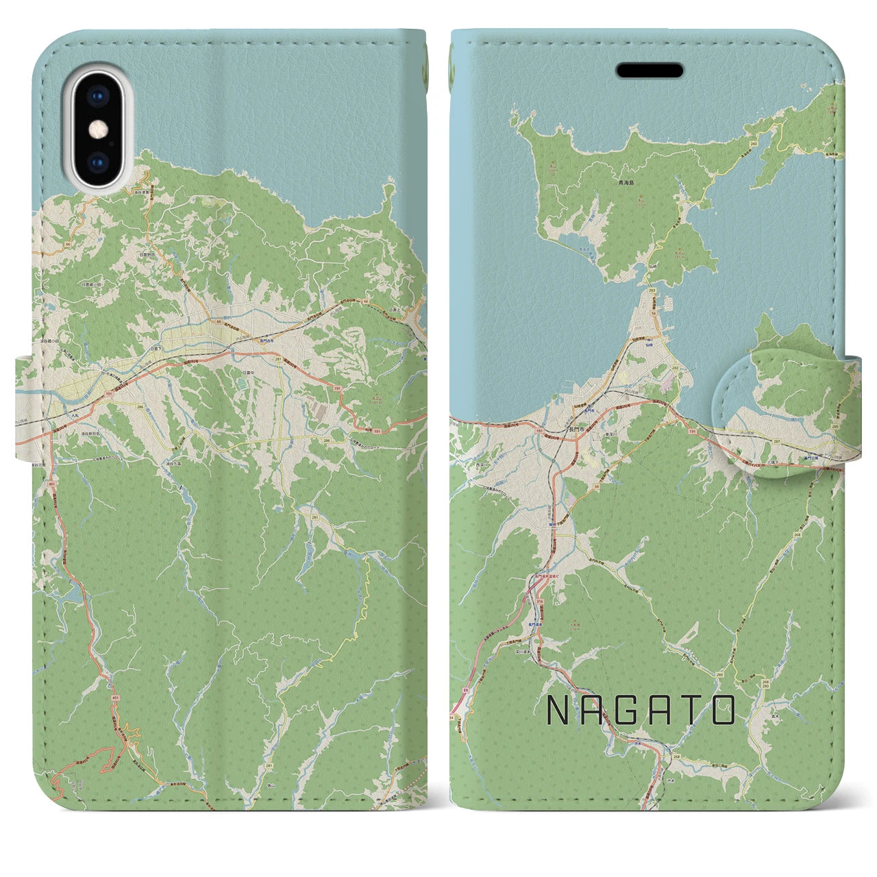 【長門(山口県)】地図柄iPhoneケース(手帳タイプ)ナチュラル・iPhone XS Max 用