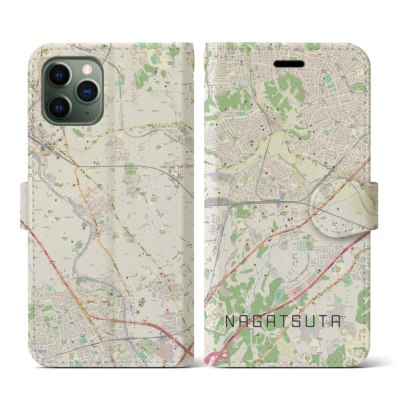 【長津田(神奈川県)】地図柄iPhoneケース(手帳タイプ)ナチュラル・iPhone 11 Pro 用