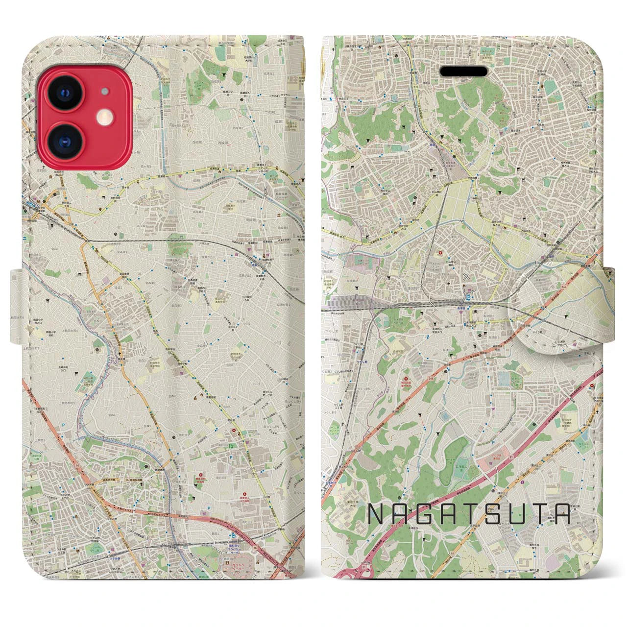 【長津田(神奈川県)】地図柄iPhoneケース(手帳タイプ)ナチュラル・iPhone 11 用
