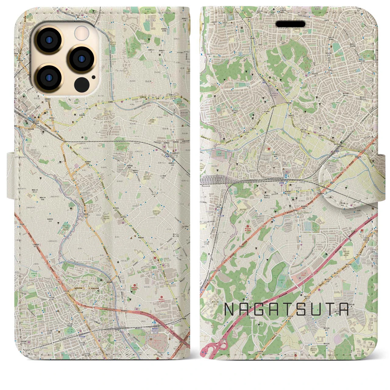 【長津田(神奈川県)】地図柄iPhoneケース(手帳タイプ)ナチュラル・iPhone 12 Pro Max 用