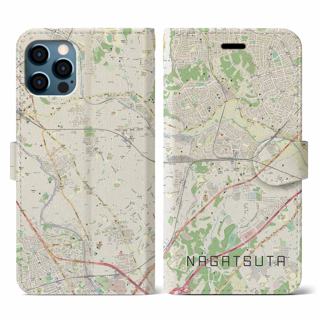 【長津田(神奈川県)】地図柄iPhoneケース(手帳タイプ)ナチュラル・iPhone 12 / 12 Pro 用
