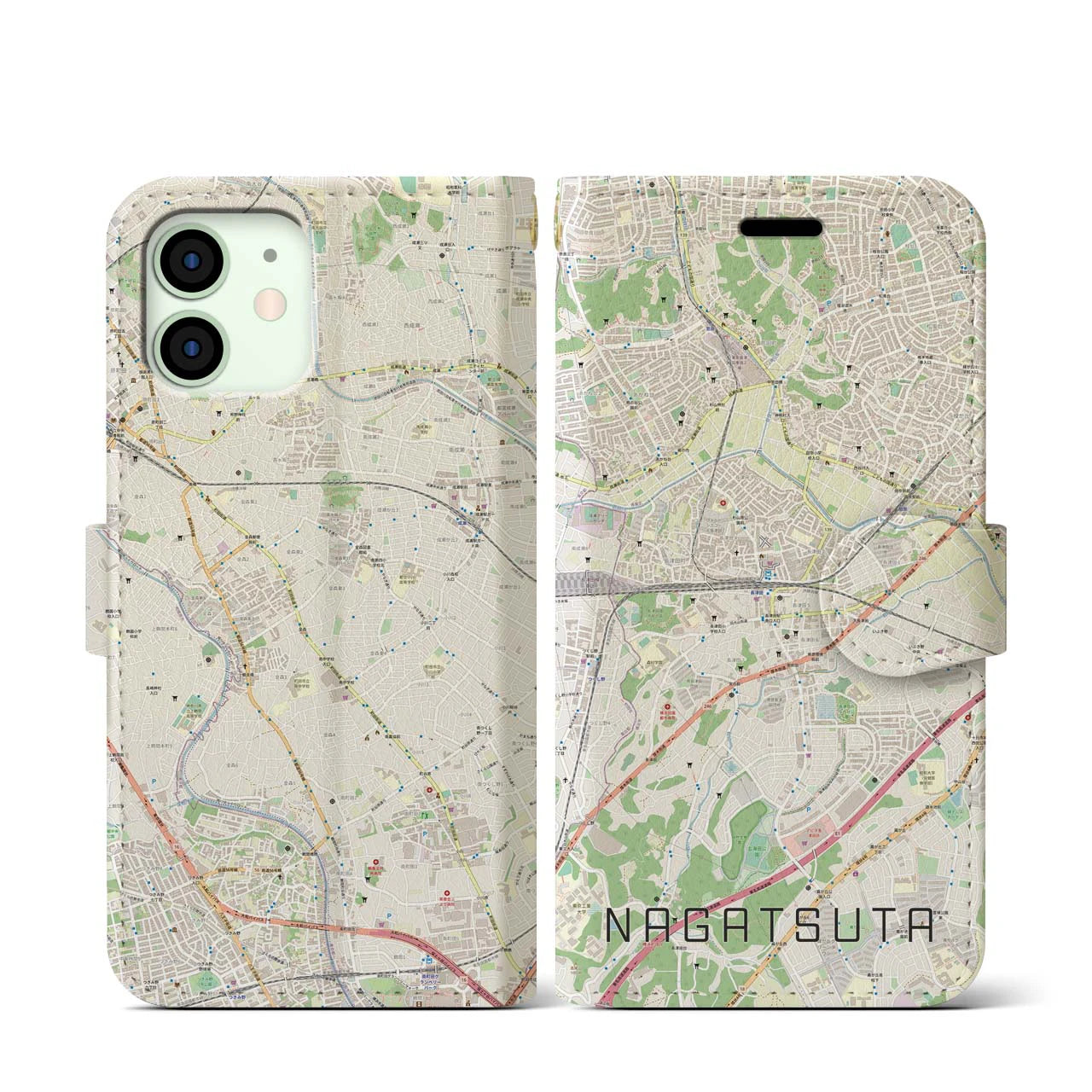 【長津田(神奈川県)】地図柄iPhoneケース(手帳タイプ)ナチュラル・iPhone 12 mini 用