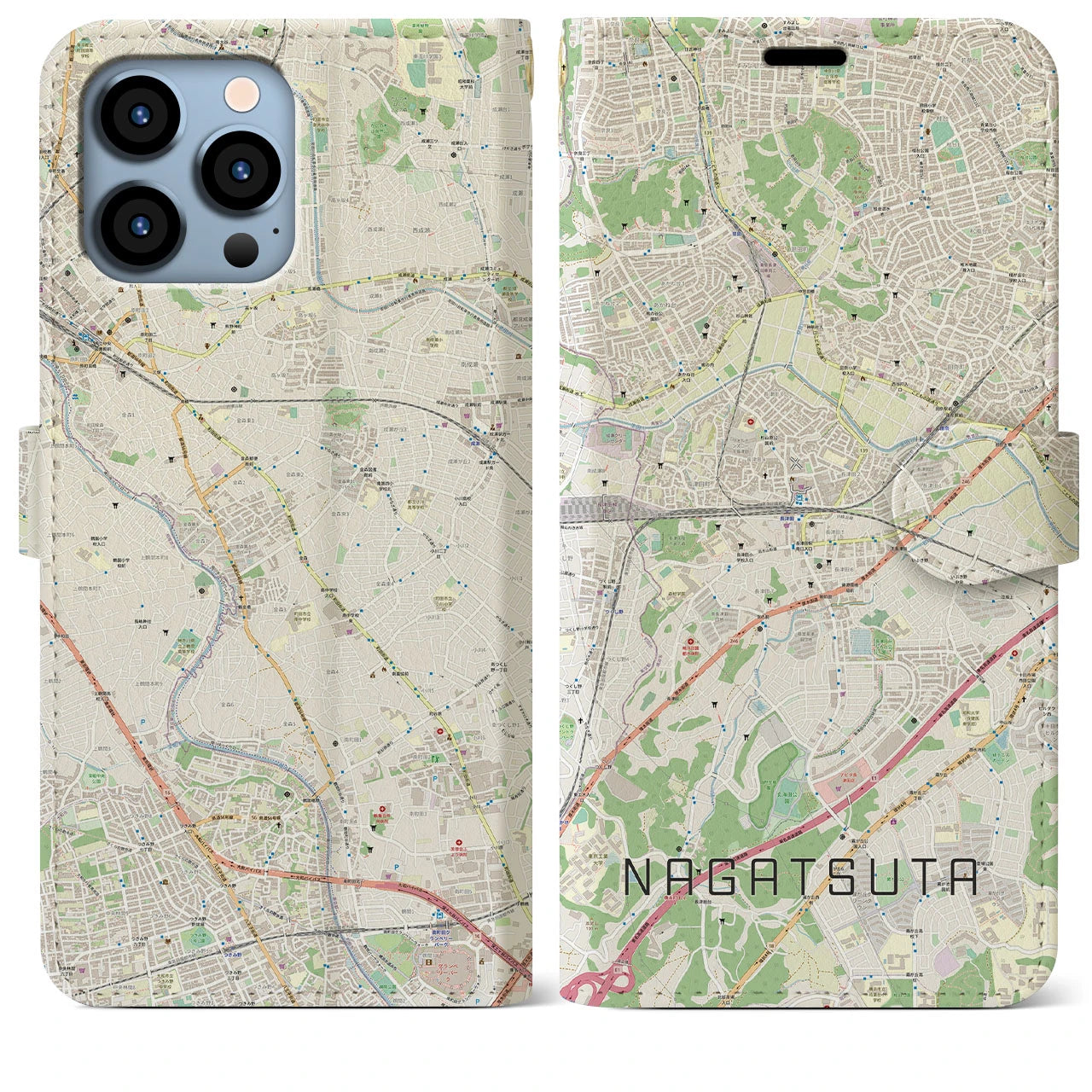 【長津田(神奈川県)】地図柄iPhoneケース(手帳タイプ)ナチュラル・iPhone 13 Pro Max 用