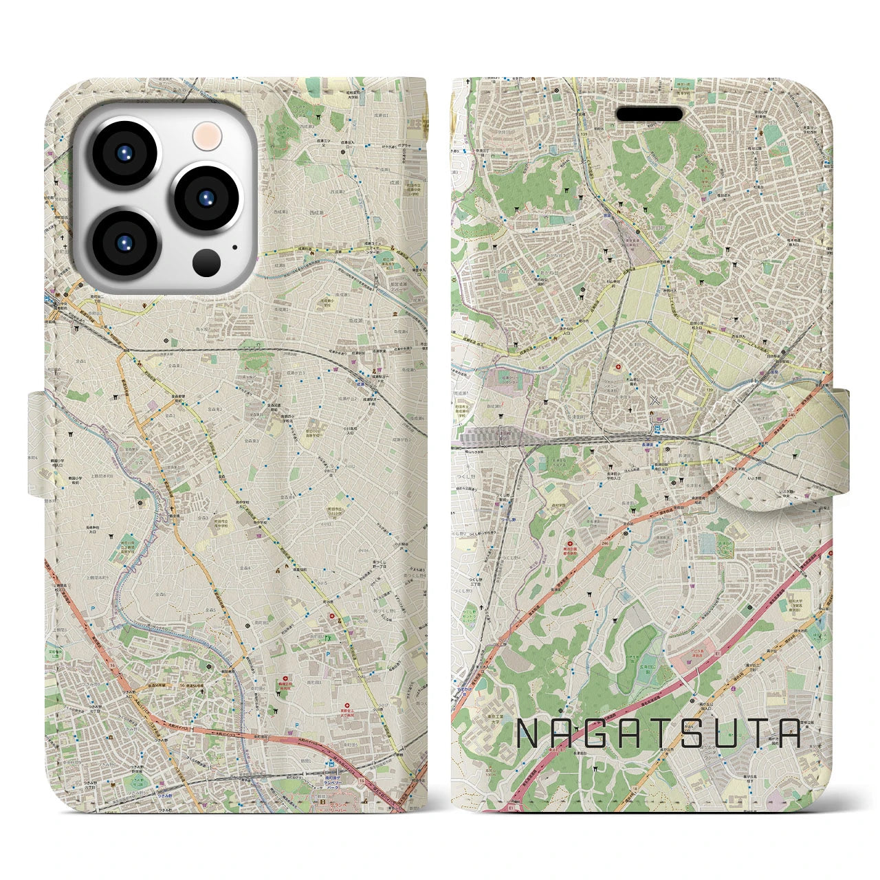 【長津田(神奈川県)】地図柄iPhoneケース(手帳タイプ)ナチュラル・iPhone 13 Pro 用