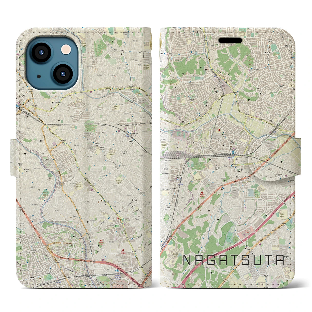 【長津田(神奈川県)】地図柄iPhoneケース(手帳タイプ)ナチュラル・iPhone 13 用