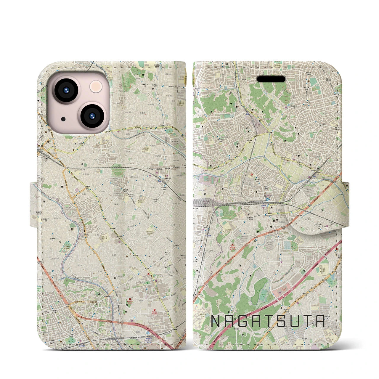 【長津田(神奈川県)】地図柄iPhoneケース(手帳タイプ)ナチュラル・iPhone 13 mini 用