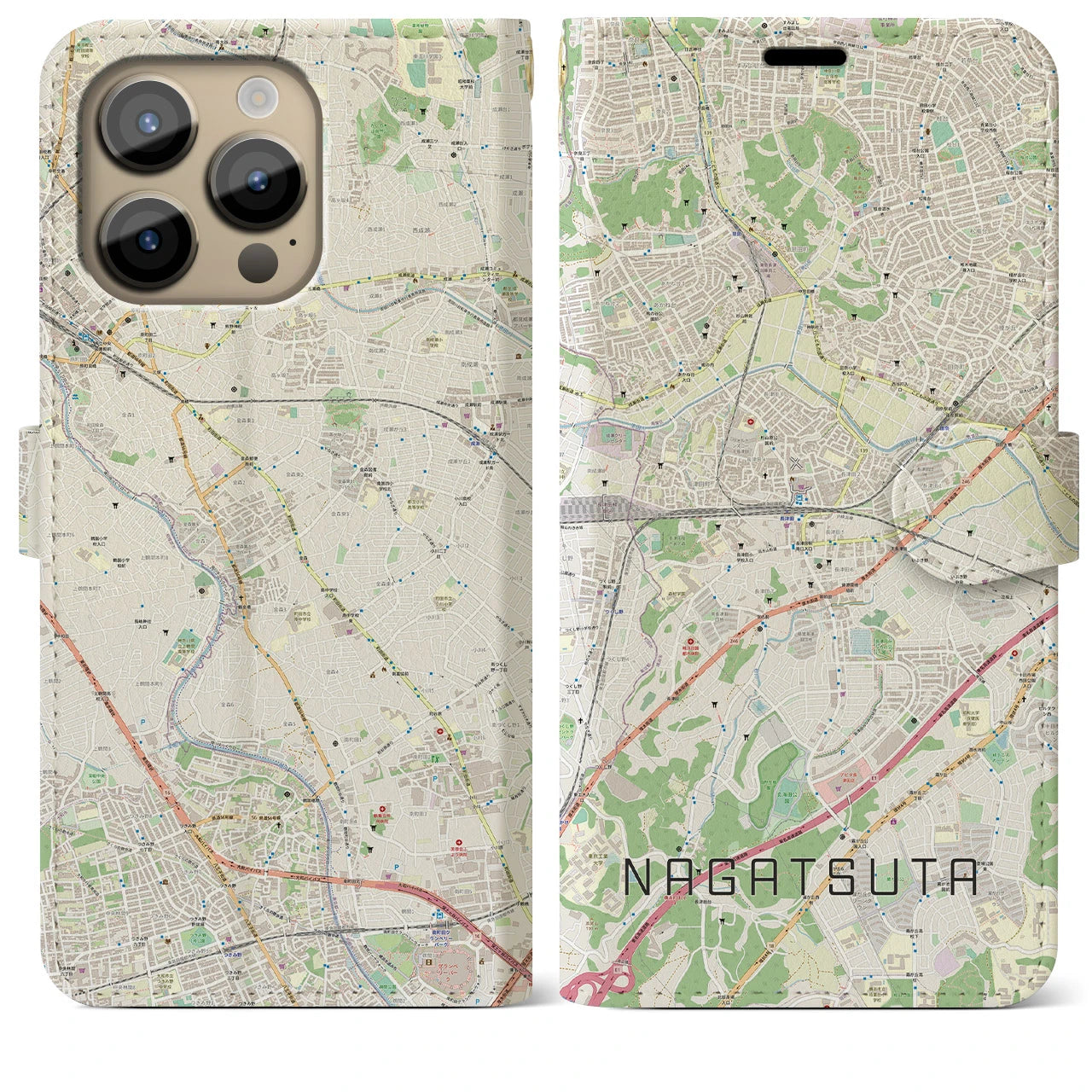【長津田(神奈川県)】地図柄iPhoneケース(手帳タイプ)ナチュラル・iPhone 14 Pro Max 用