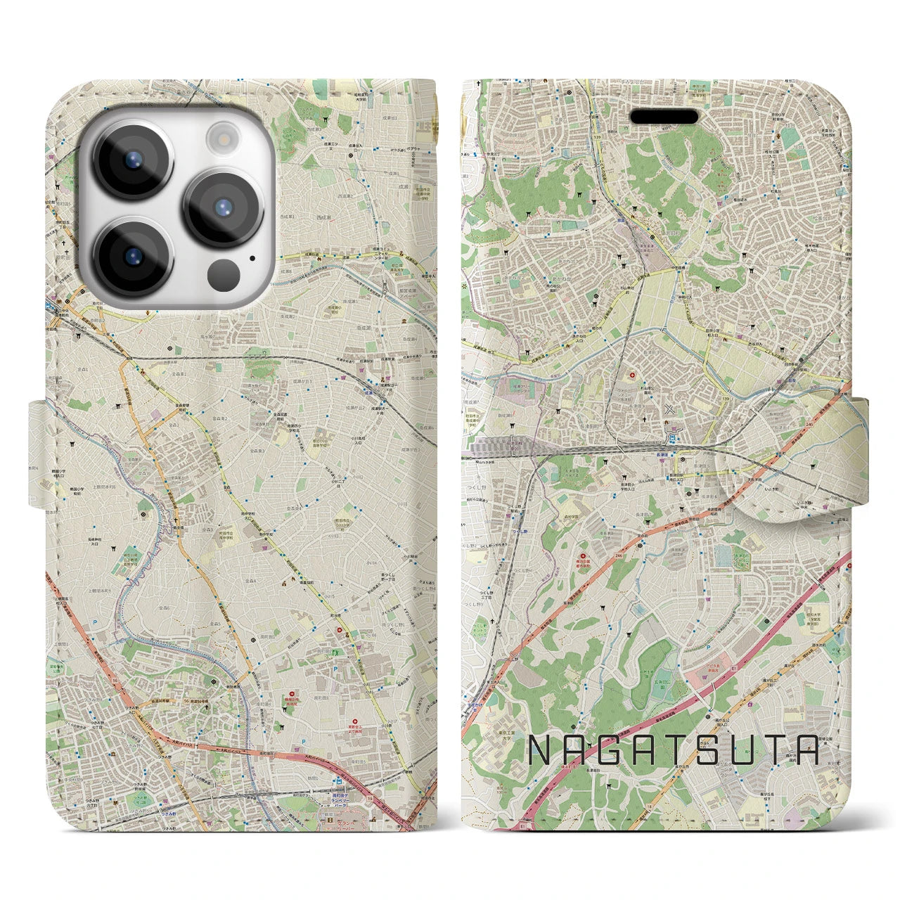 【長津田(神奈川県)】地図柄iPhoneケース(手帳タイプ)ナチュラル・iPhone 14 Pro 用