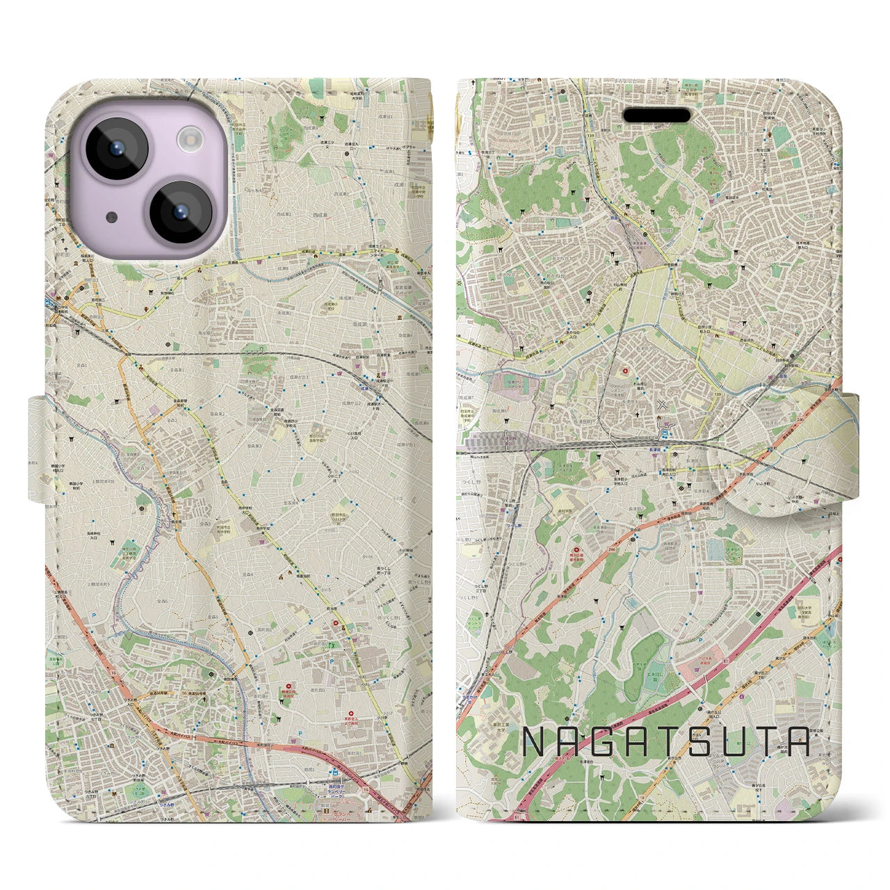 【長津田(神奈川県)】地図柄iPhoneケース(手帳タイプ)ナチュラル・iPhone 14 用