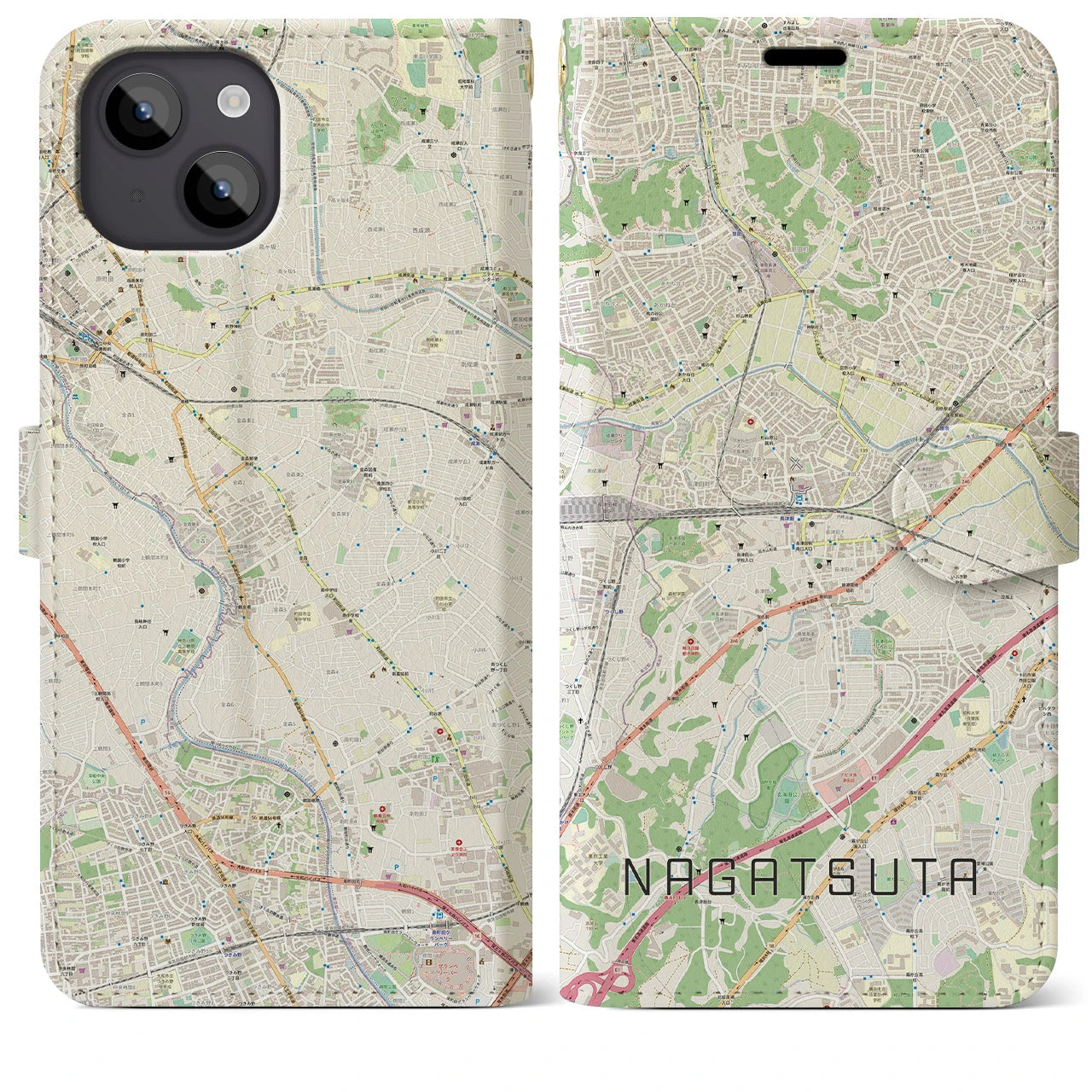 【長津田(神奈川県)】地図柄iPhoneケース(手帳タイプ)ナチュラル・iPhone 14 Plus 用