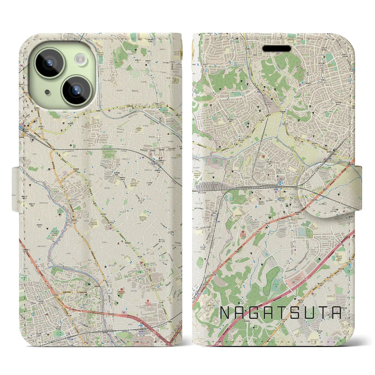 【長津田(神奈川県)】地図柄iPhoneケース(手帳タイプ)ナチュラル・iPhone 15 用