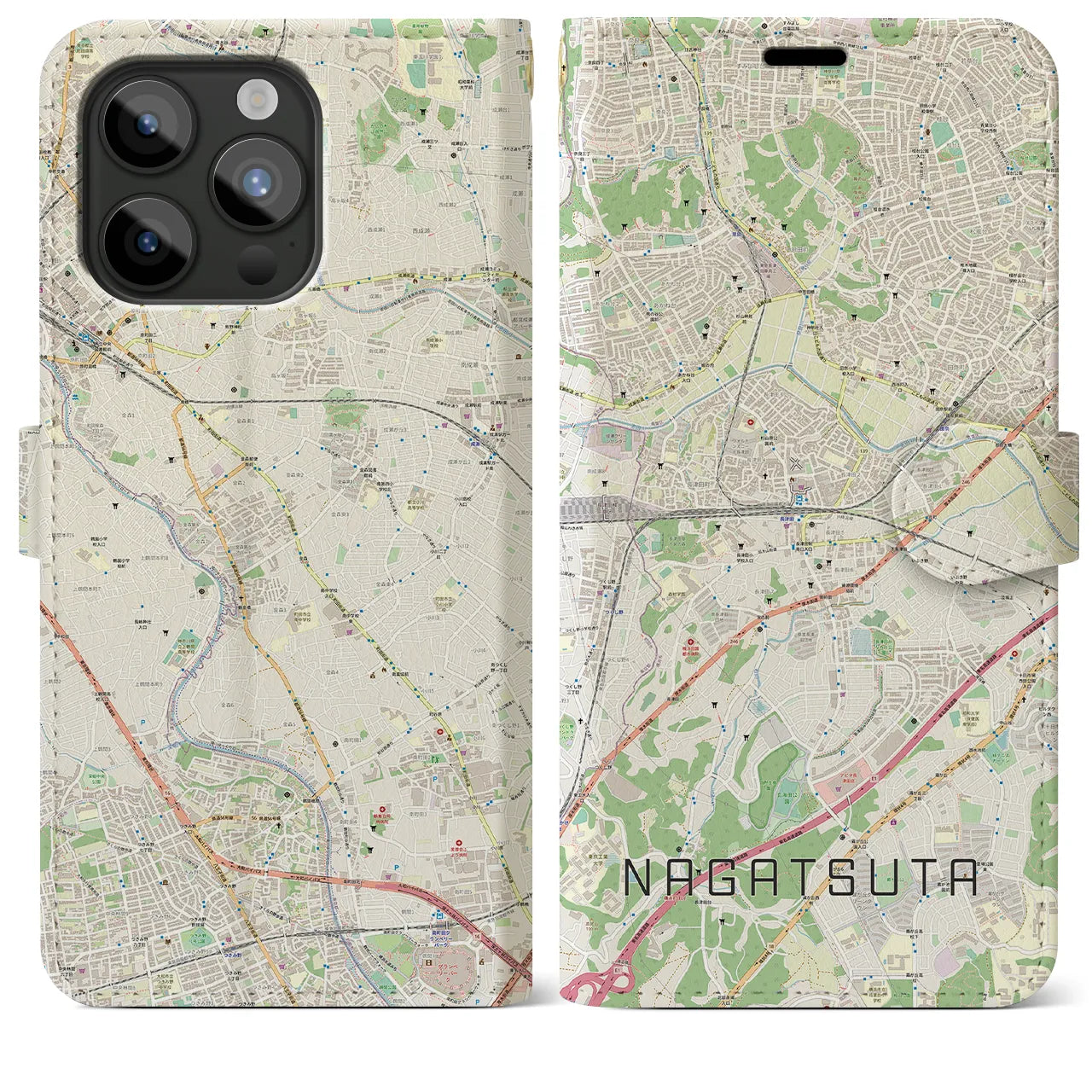 【長津田(神奈川県)】地図柄iPhoneケース(手帳タイプ)ナチュラル・iPhone 15 Pro Max 用