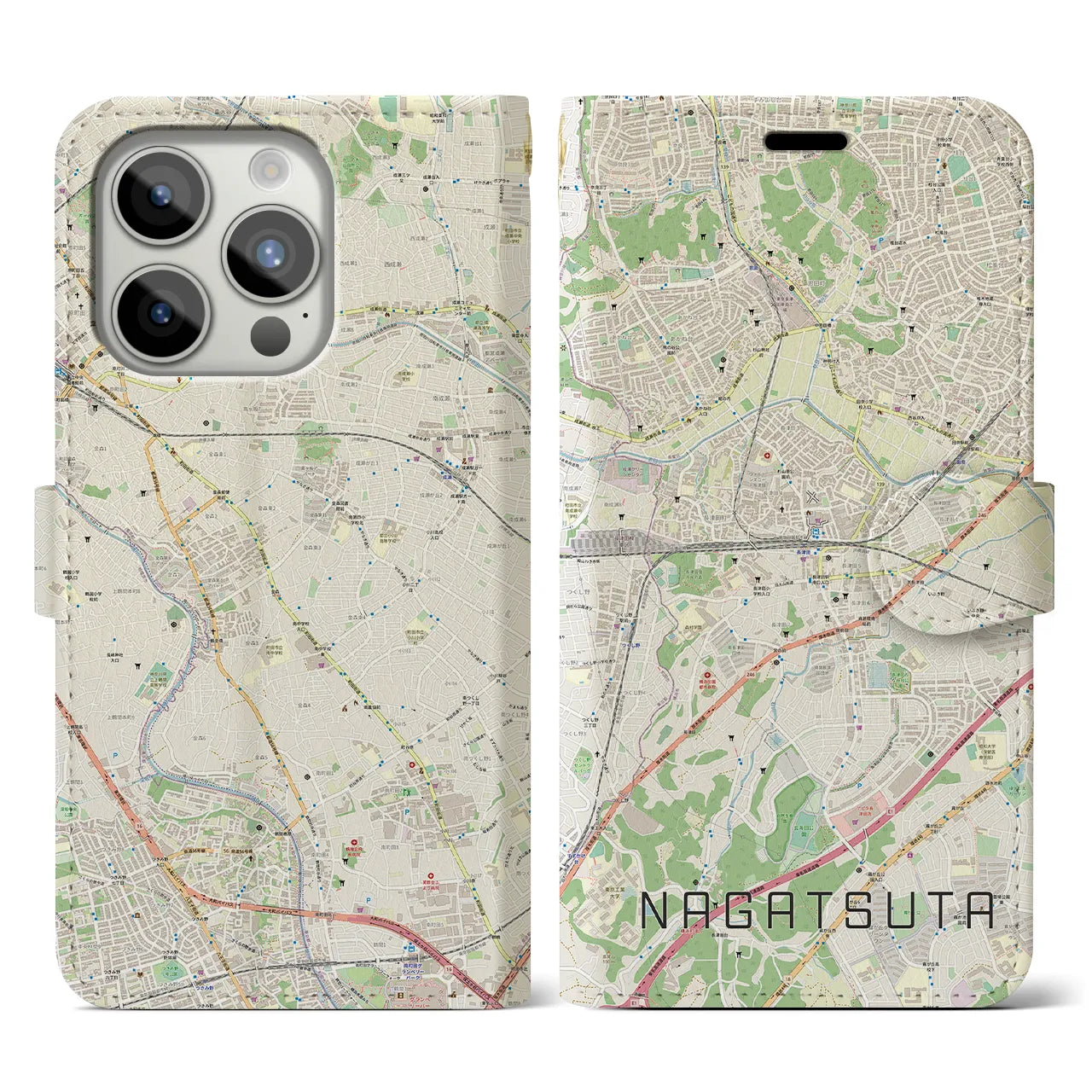 【長津田(神奈川県)】地図柄iPhoneケース(手帳タイプ)ナチュラル・iPhone 15 Pro 用