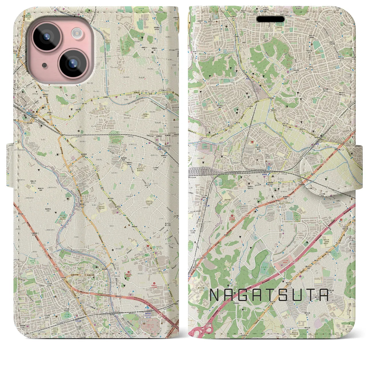 【長津田(神奈川県)】地図柄iPhoneケース(手帳タイプ)ナチュラル・iPhone 15 Plus 用