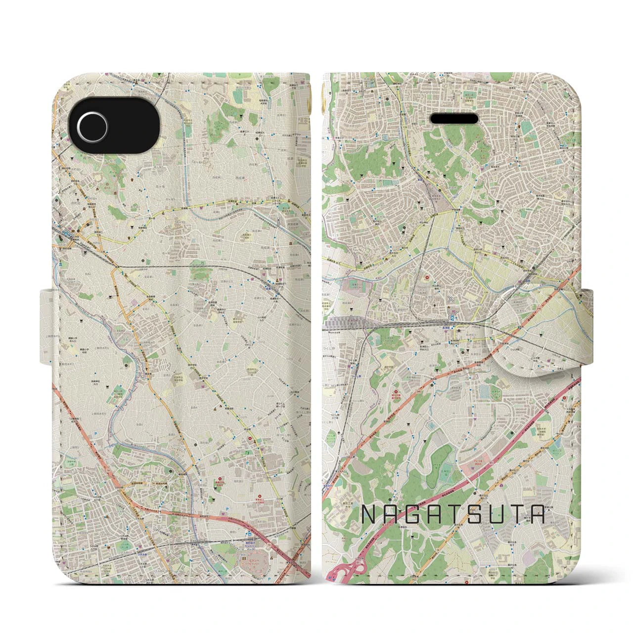 【長津田(神奈川県)】地図柄iPhoneケース(手帳タイプ)ナチュラル・iPhone SE(第3 / 第2世代) / 8 / 7 / 6s / 6 用