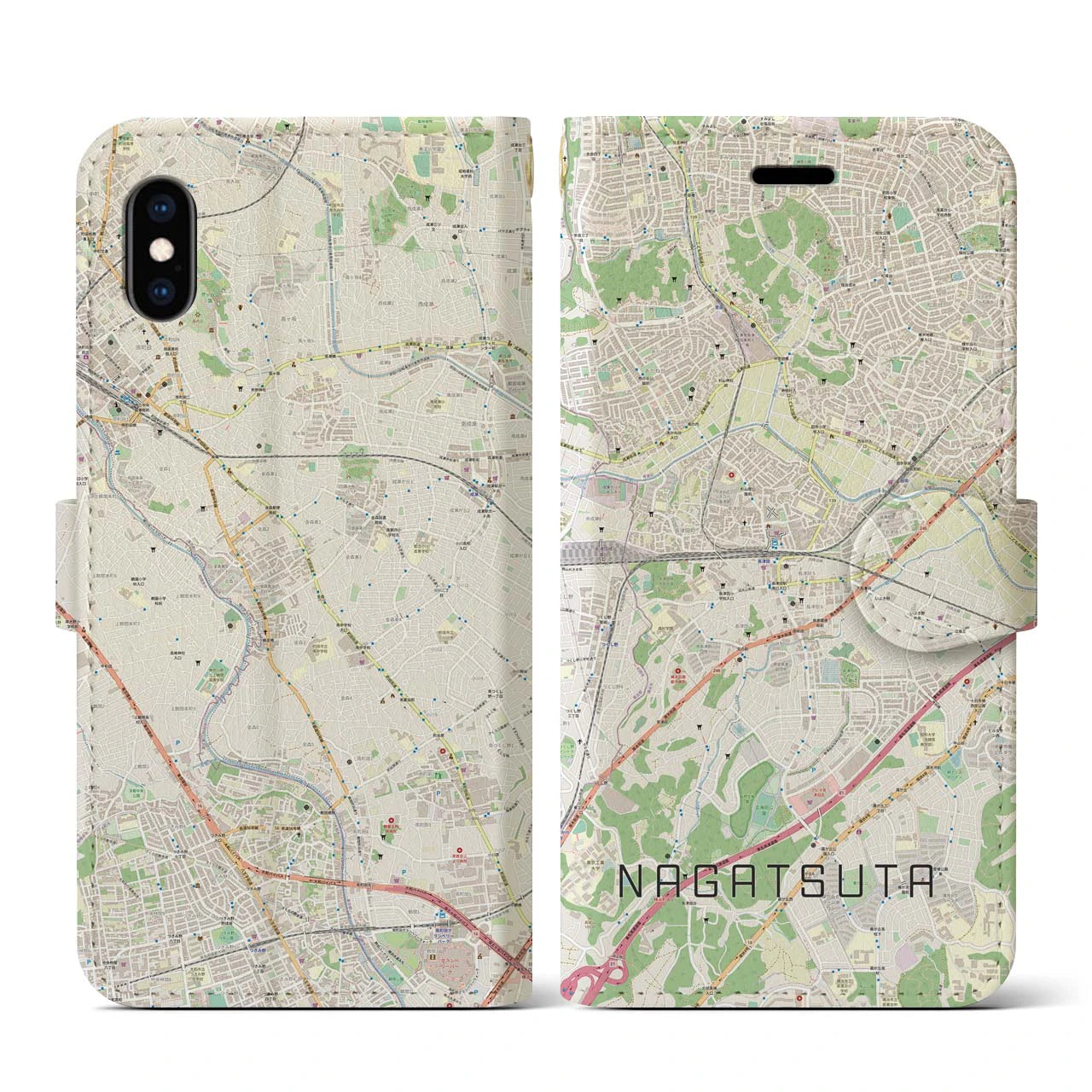 【長津田(神奈川県)】地図柄iPhoneケース(手帳タイプ)ナチュラル・iPhone XS / X 用
