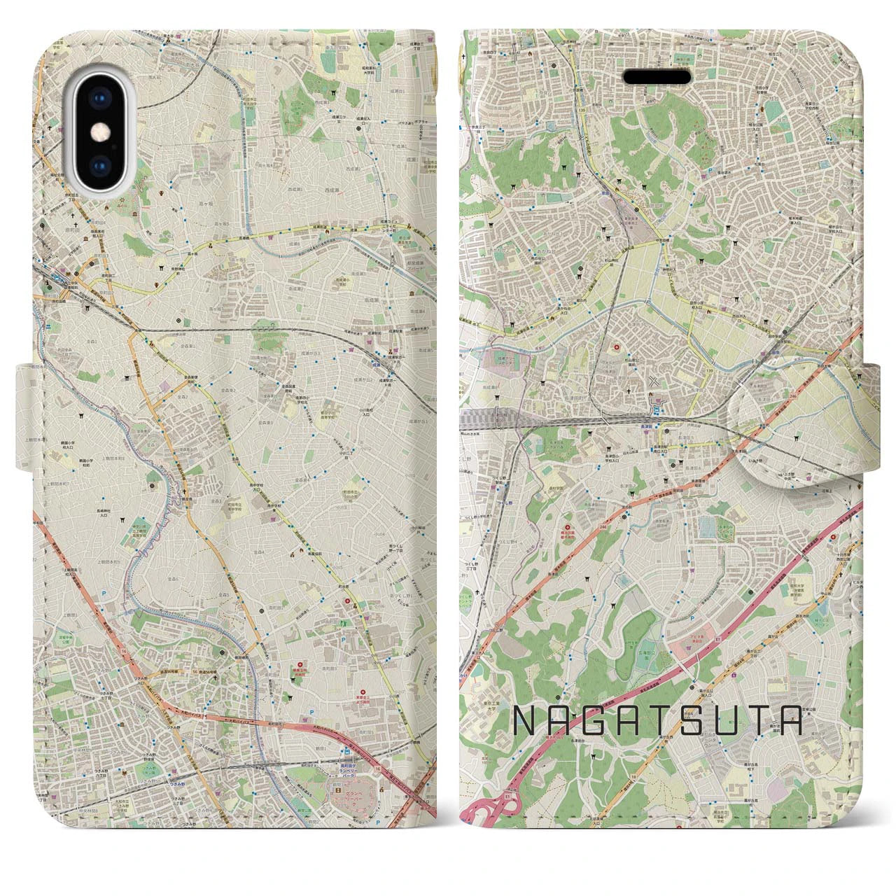 【長津田(神奈川県)】地図柄iPhoneケース(手帳タイプ)ナチュラル・iPhone XS Max 用