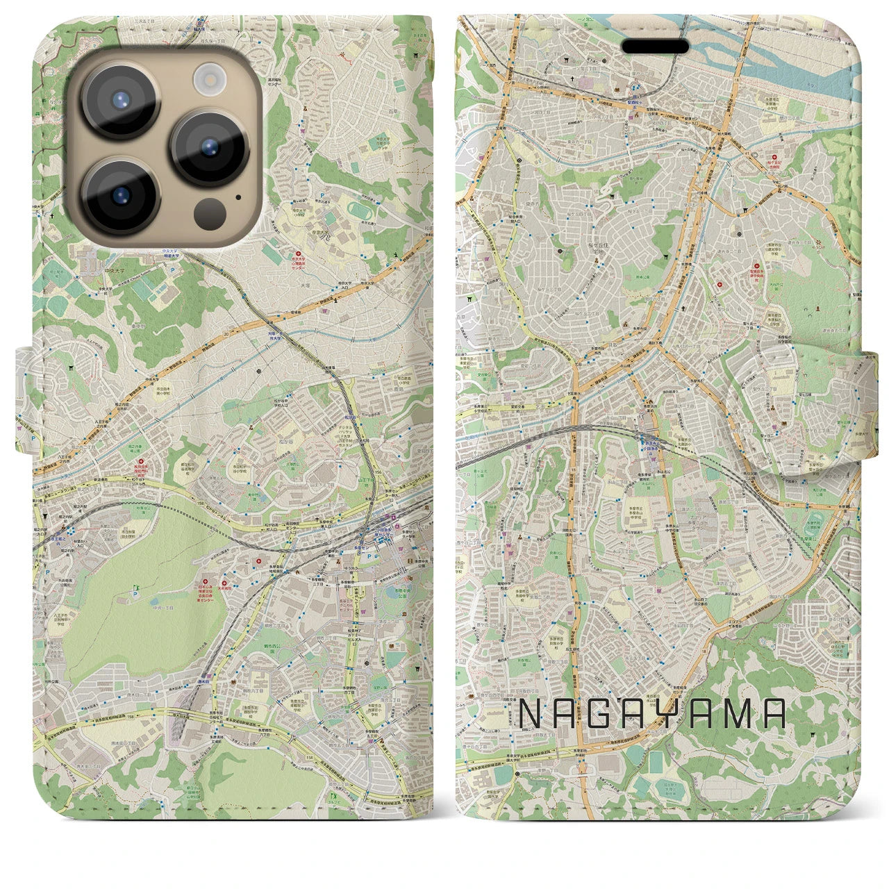 【永山(東京都)】地図柄iPhoneケース(手帳タイプ)ナチュラル・iPhone 14 Pro Max 用