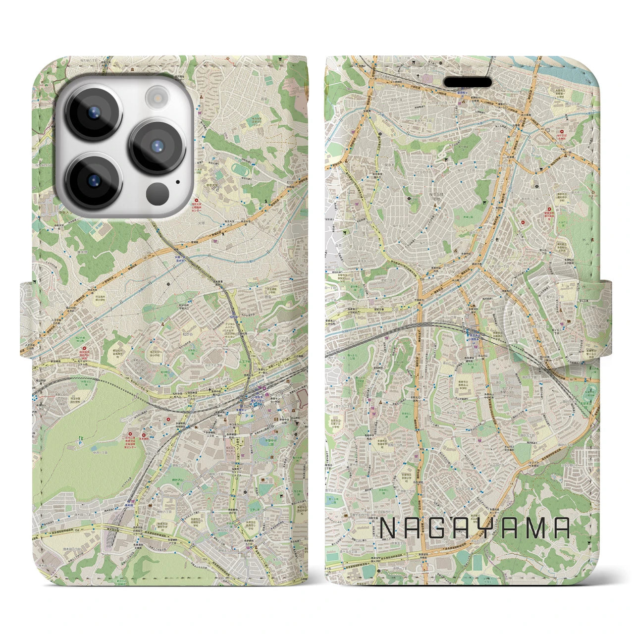 【永山(東京都)】地図柄iPhoneケース(手帳タイプ)ナチュラル・iPhone 14 Pro 用