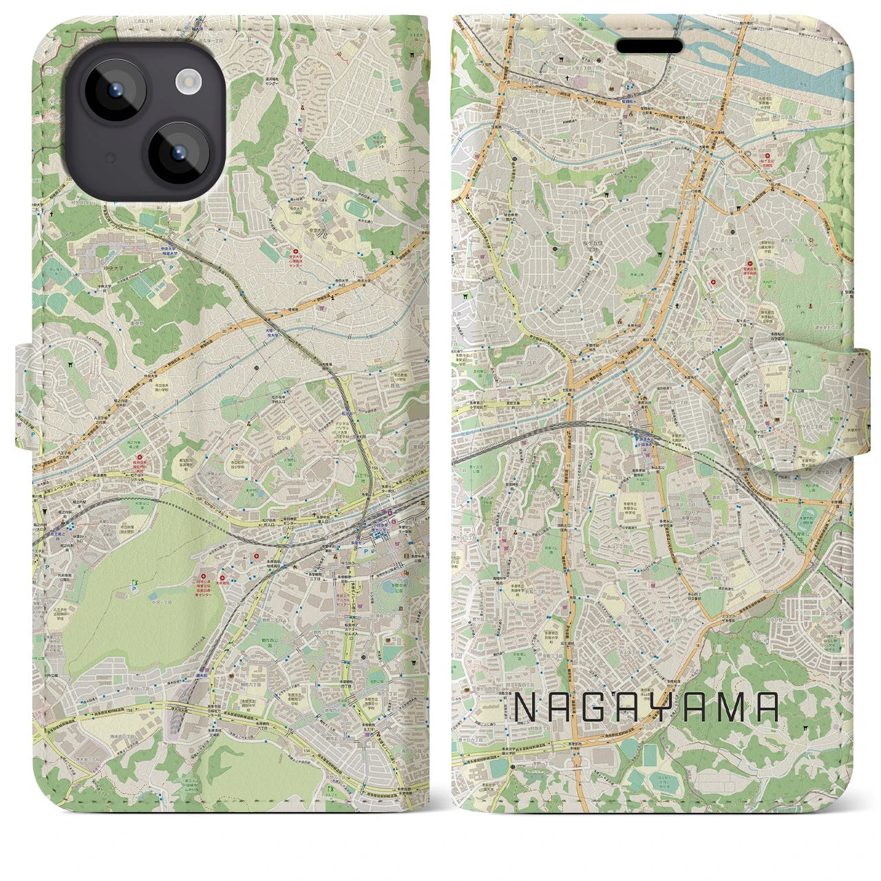 【永山(東京都)】地図柄iPhoneケース(手帳タイプ)ナチュラル・iPhone 14 Plus 用