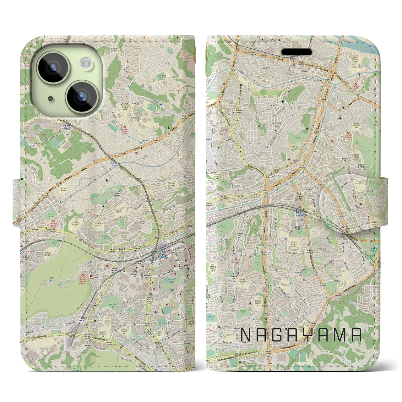 【永山(東京都)】地図柄iPhoneケース(手帳タイプ)ナチュラル・iPhone 15 用