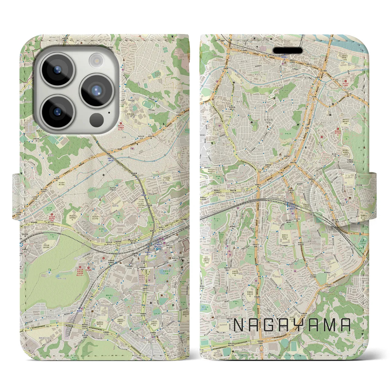 【永山(東京都)】地図柄iPhoneケース(手帳タイプ)ナチュラル・iPhone 15 Pro 用