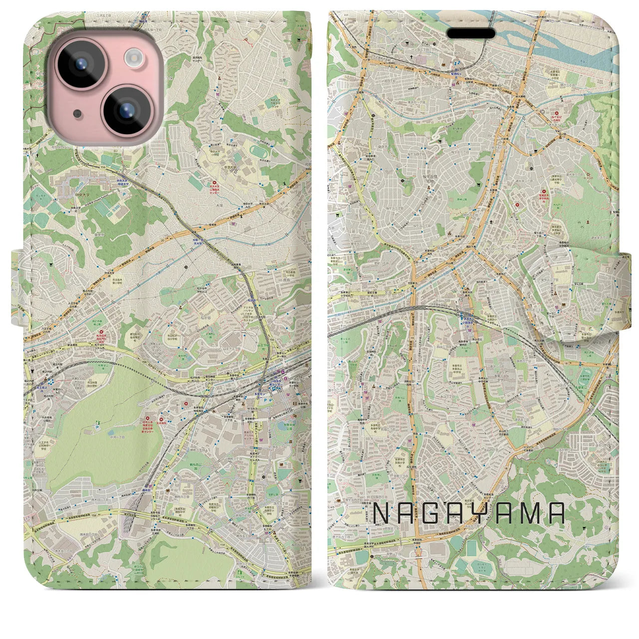 【永山(東京都)】地図柄iPhoneケース(手帳タイプ)ナチュラル・iPhone 15 Plus 用