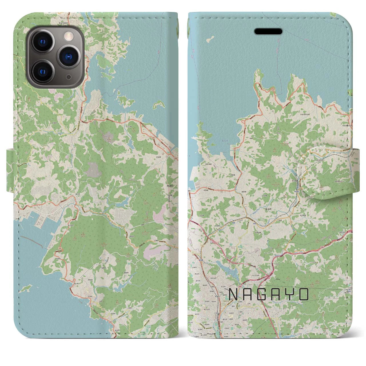 【長与(長崎県)】地図柄iPhoneケース(手帳タイプ)ナチュラル・iPhone 11 Pro Max 用