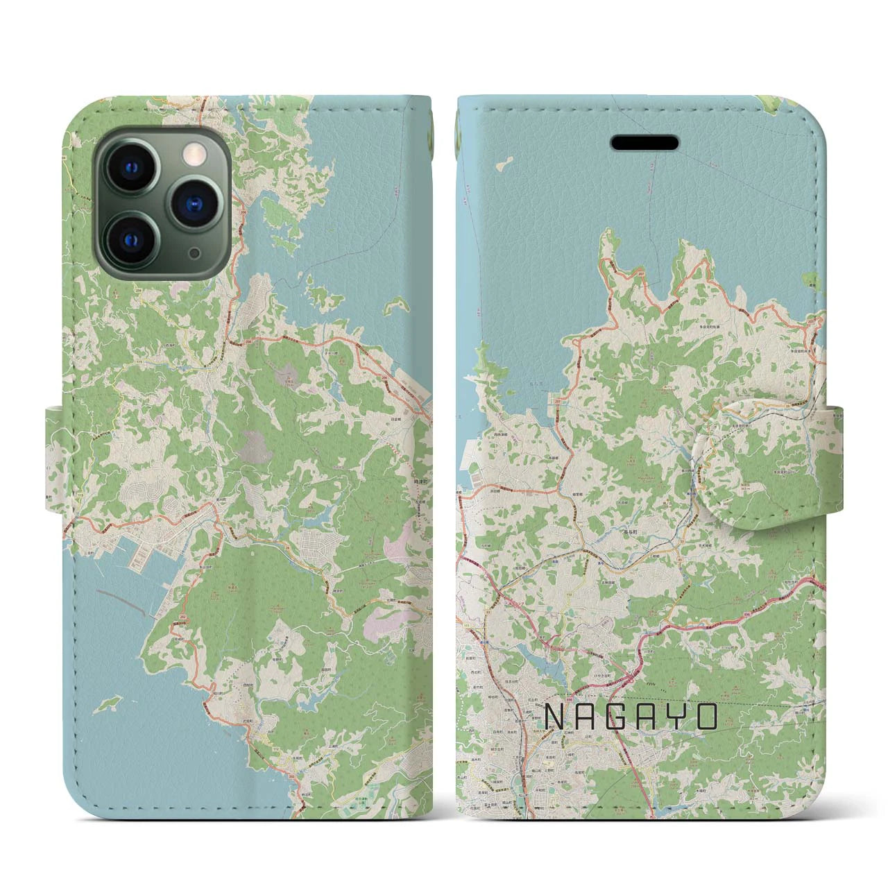 【長与(長崎県)】地図柄iPhoneケース(手帳タイプ)ナチュラル・iPhone 11 Pro 用