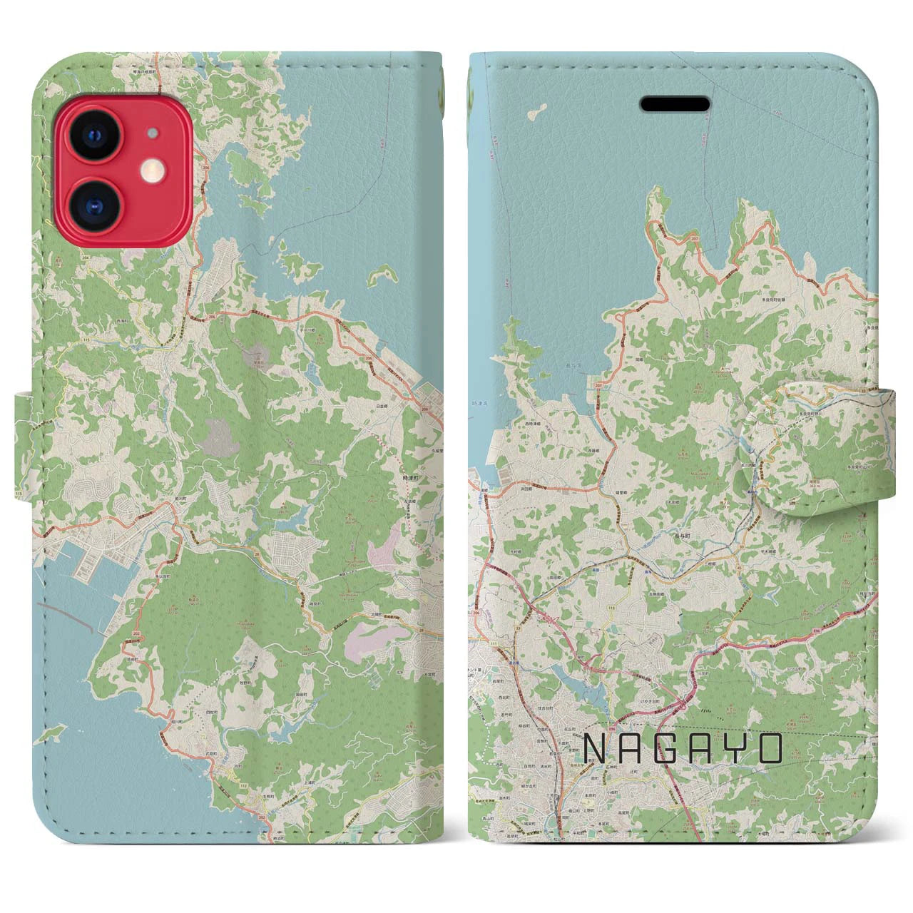 【長与(長崎県)】地図柄iPhoneケース(手帳タイプ)ナチュラル・iPhone 11 用