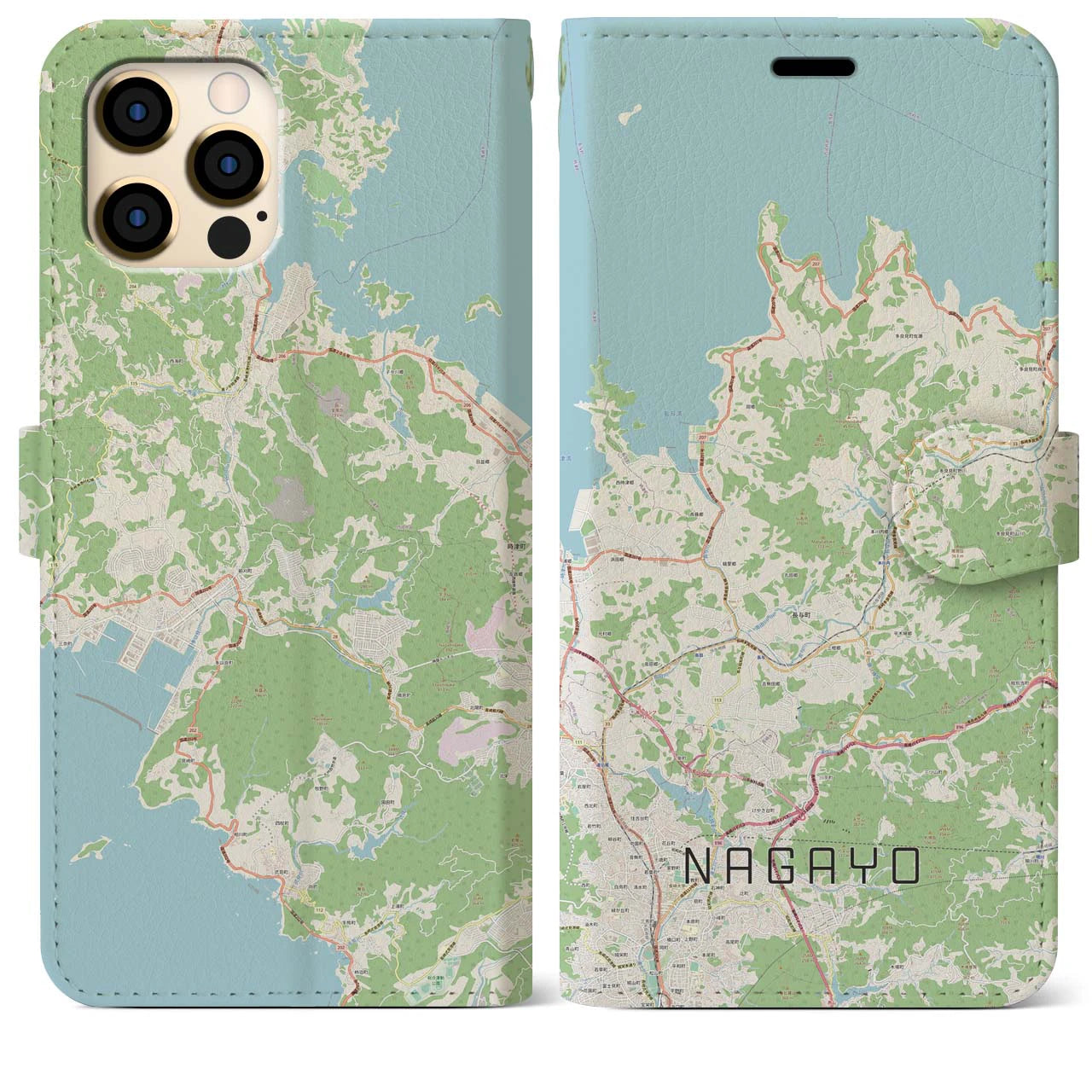 【長与(長崎県)】地図柄iPhoneケース(手帳タイプ)ナチュラル・iPhone 12 Pro Max 用