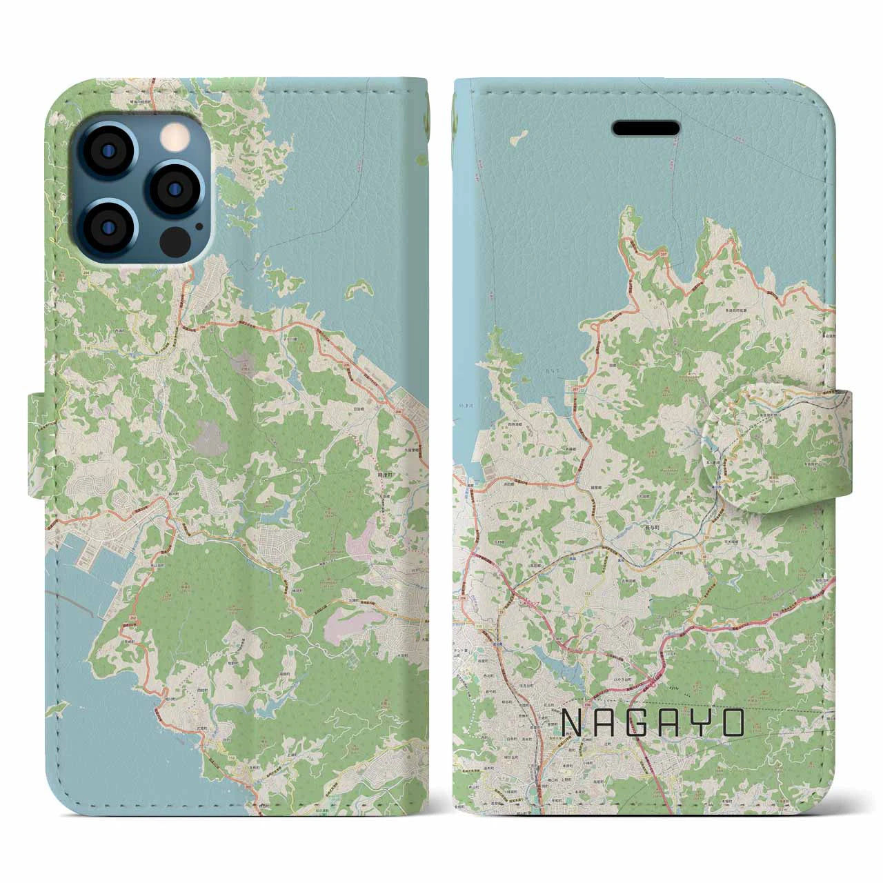 【長与(長崎県)】地図柄iPhoneケース(手帳タイプ)ナチュラル・iPhone 12 / 12 Pro 用