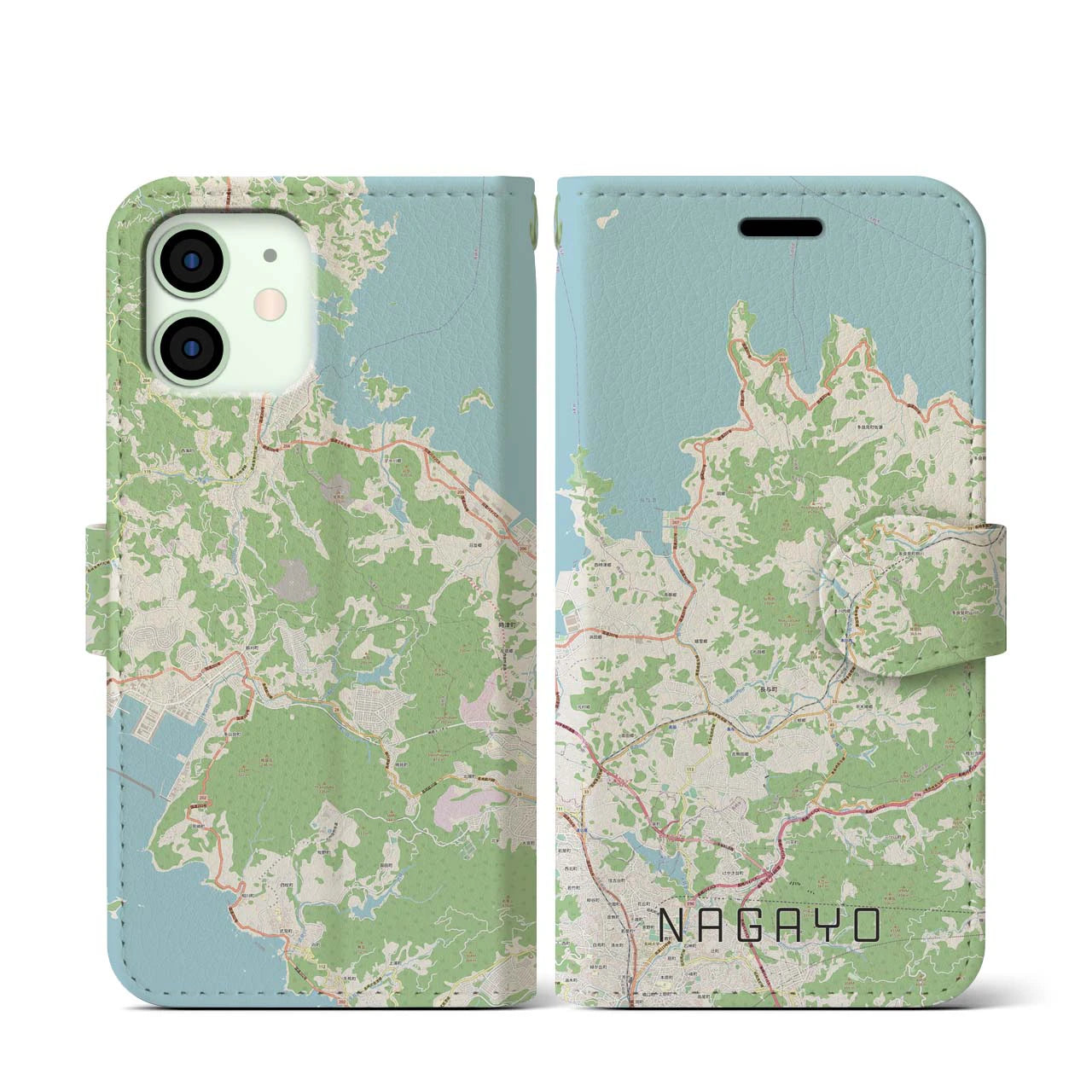 【長与(長崎県)】地図柄iPhoneケース(手帳タイプ)ナチュラル・iPhone 12 mini 用