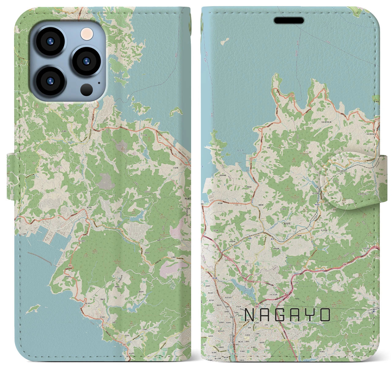 【長与(長崎県)】地図柄iPhoneケース(手帳タイプ)ナチュラル・iPhone 13 Pro Max 用