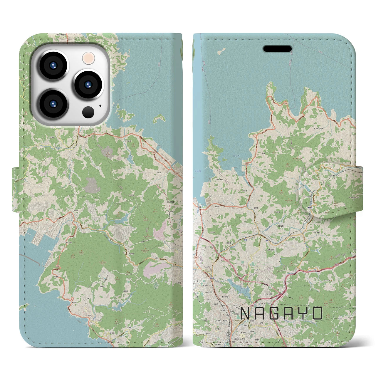 【長与(長崎県)】地図柄iPhoneケース(手帳タイプ)ナチュラル・iPhone 13 Pro 用