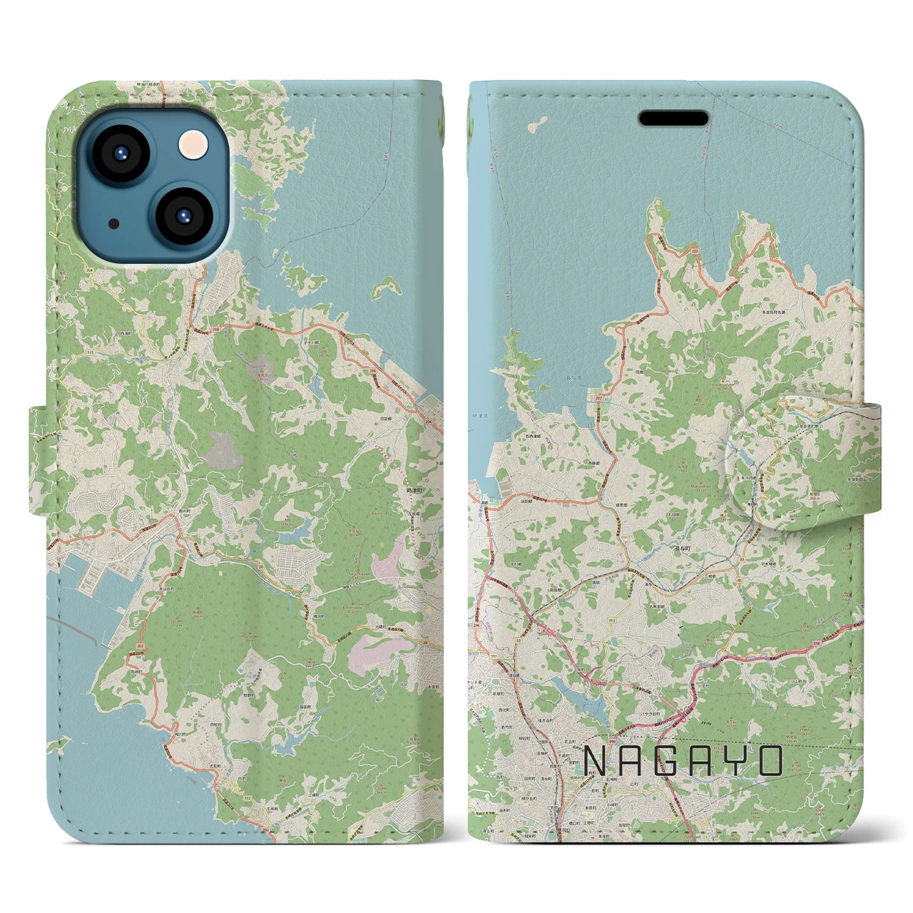 【長与(長崎県)】地図柄iPhoneケース(手帳タイプ)ナチュラル・iPhone 13 用