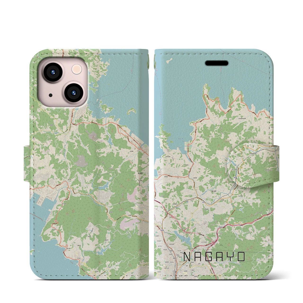 【長与(長崎県)】地図柄iPhoneケース(手帳タイプ)ナチュラル・iPhone 13 mini 用