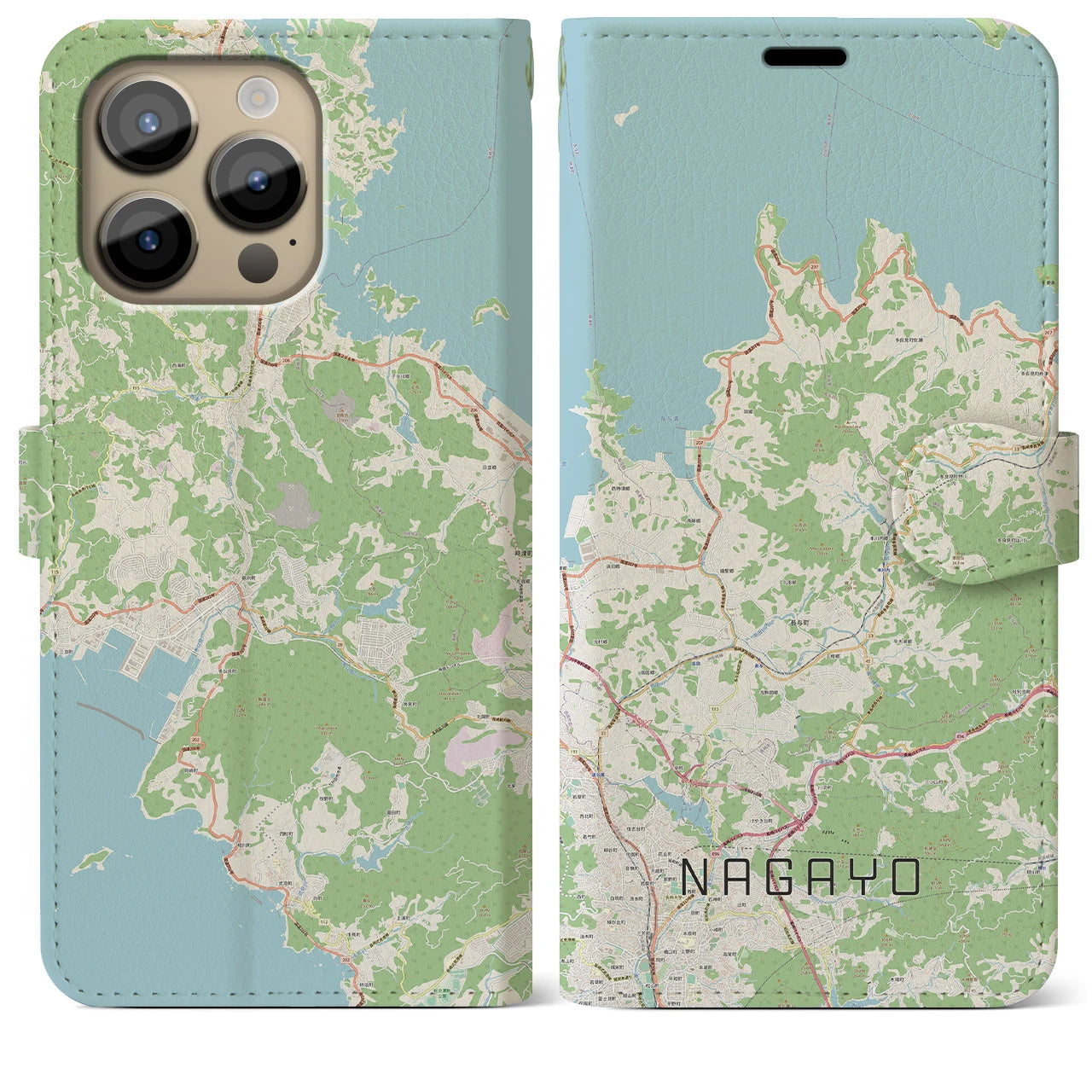 【長与(長崎県)】地図柄iPhoneケース(手帳タイプ)ナチュラル・iPhone 14 Pro Max 用