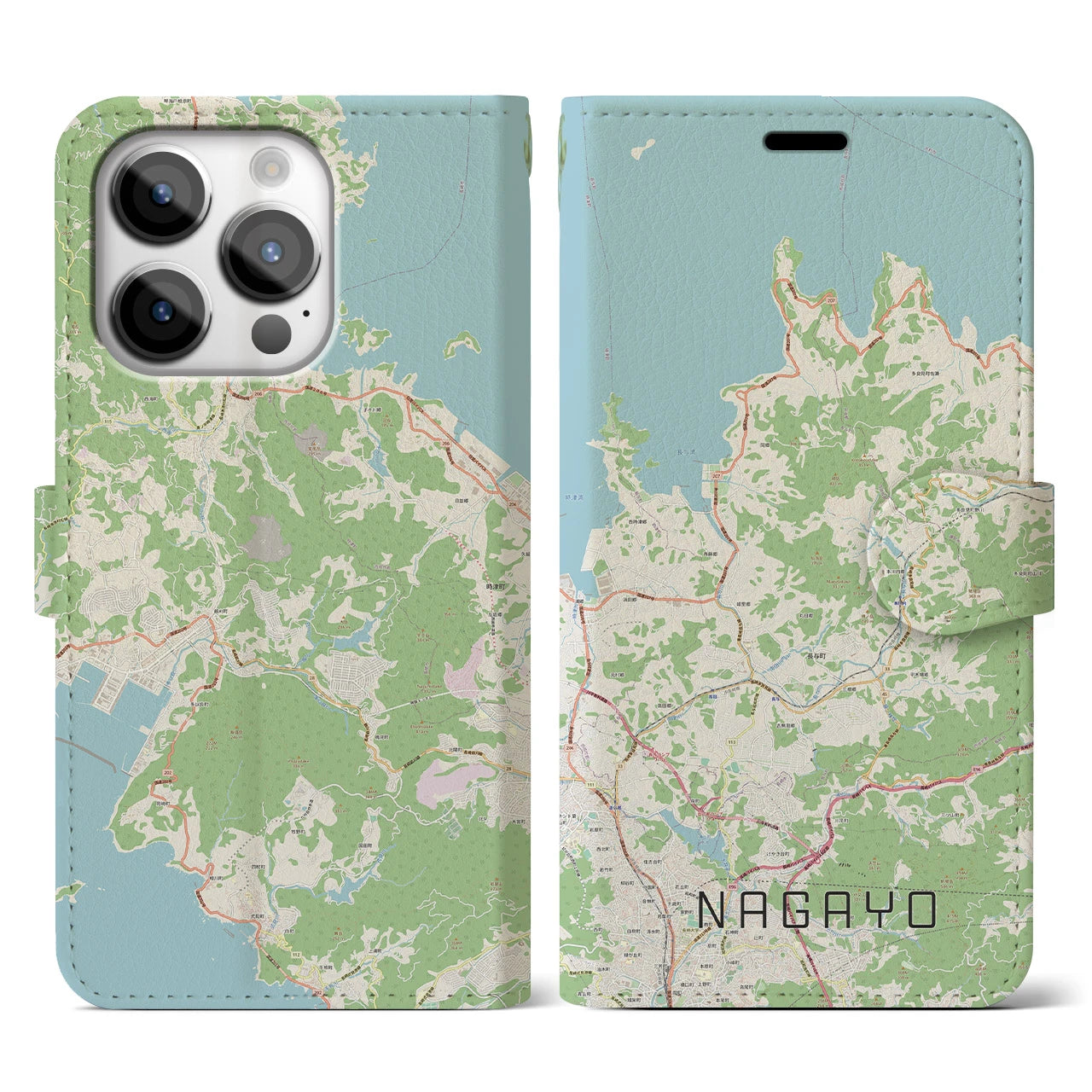 【長与(長崎県)】地図柄iPhoneケース(手帳タイプ)ナチュラル・iPhone 14 Pro 用
