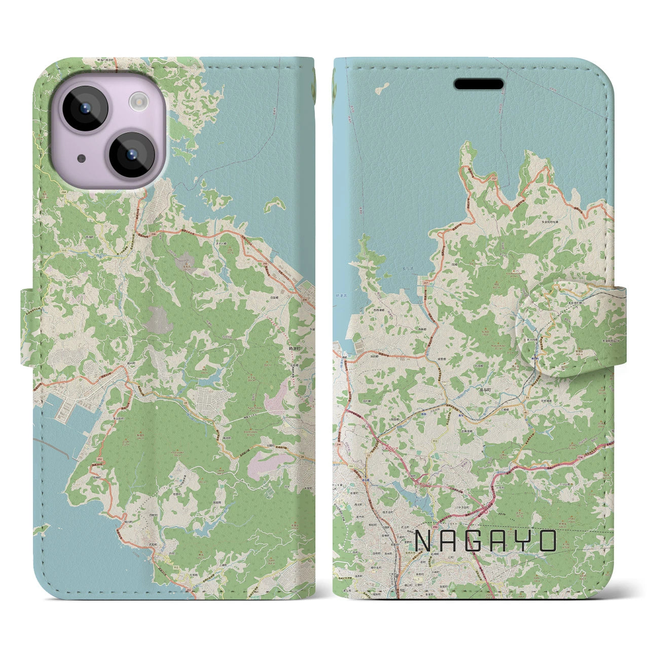 【長与(長崎県)】地図柄iPhoneケース(手帳タイプ)ナチュラル・iPhone 14 用