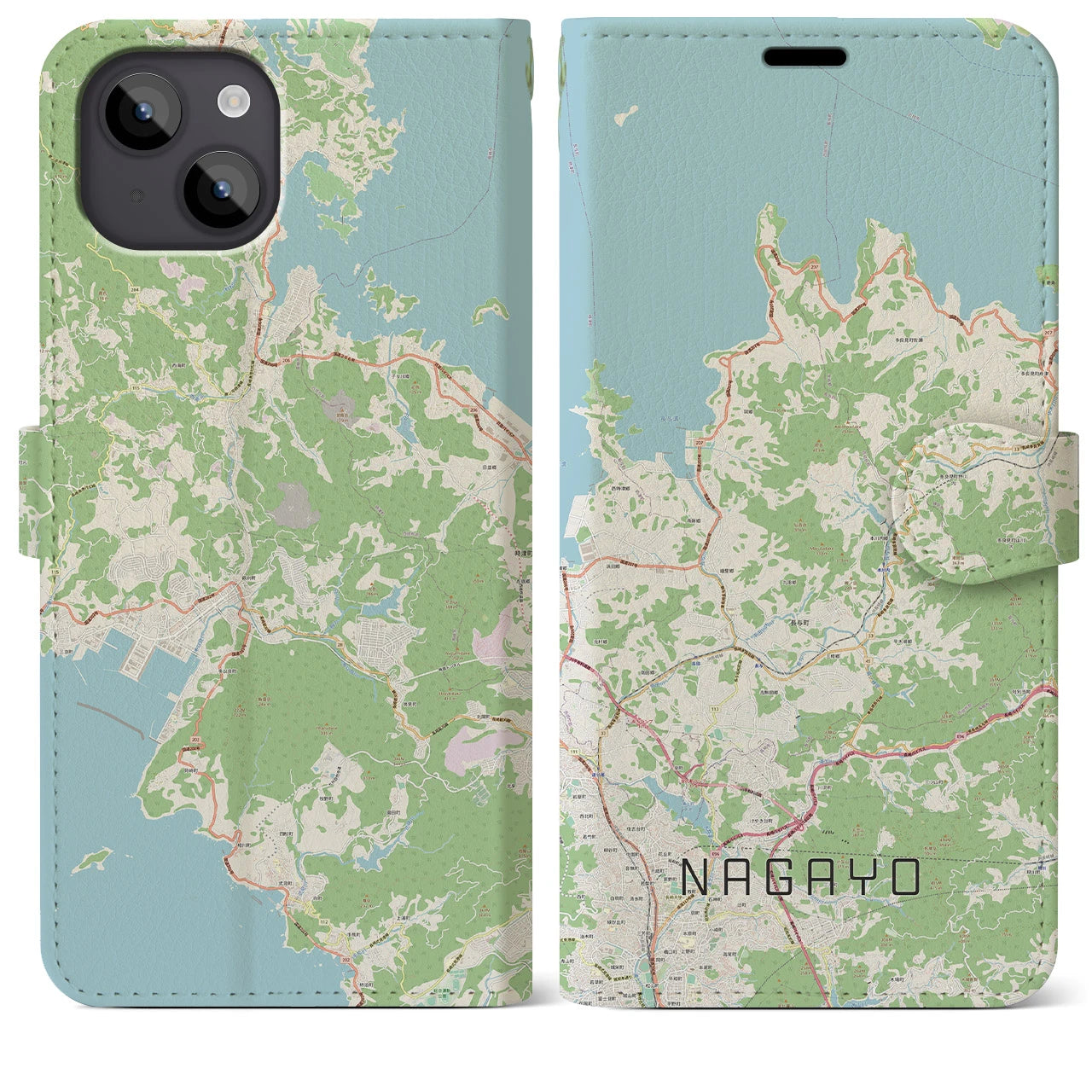 【長与(長崎県)】地図柄iPhoneケース(手帳タイプ)ナチュラル・iPhone 14 Plus 用