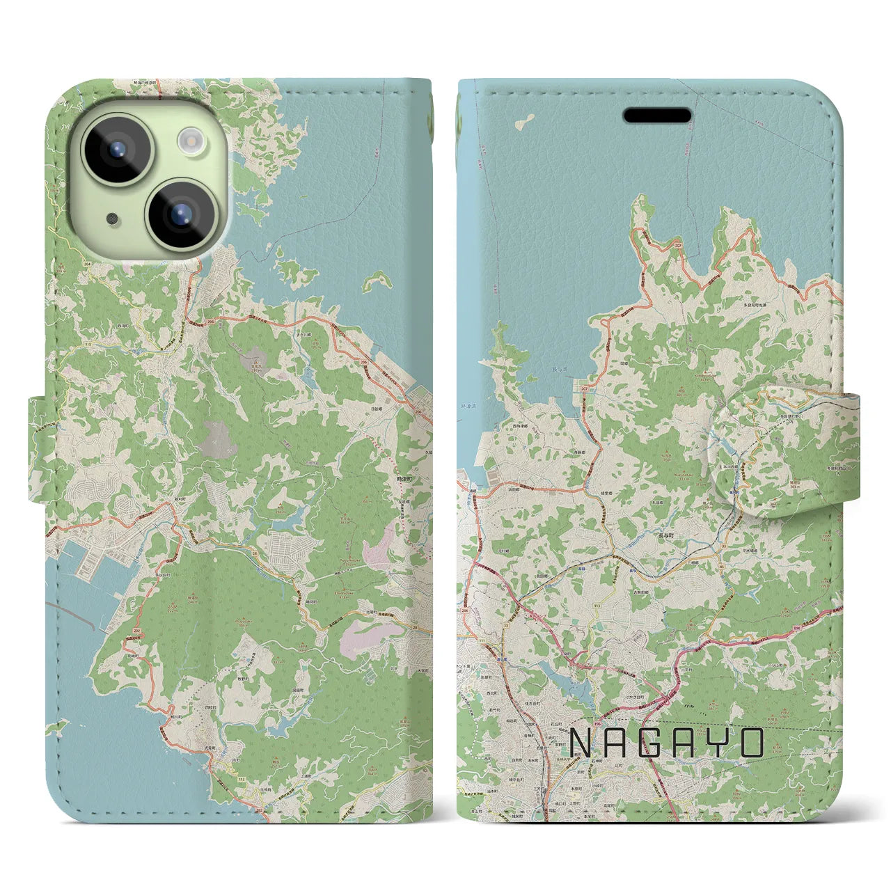 【長与(長崎県)】地図柄iPhoneケース(手帳タイプ)ナチュラル・iPhone 15 用