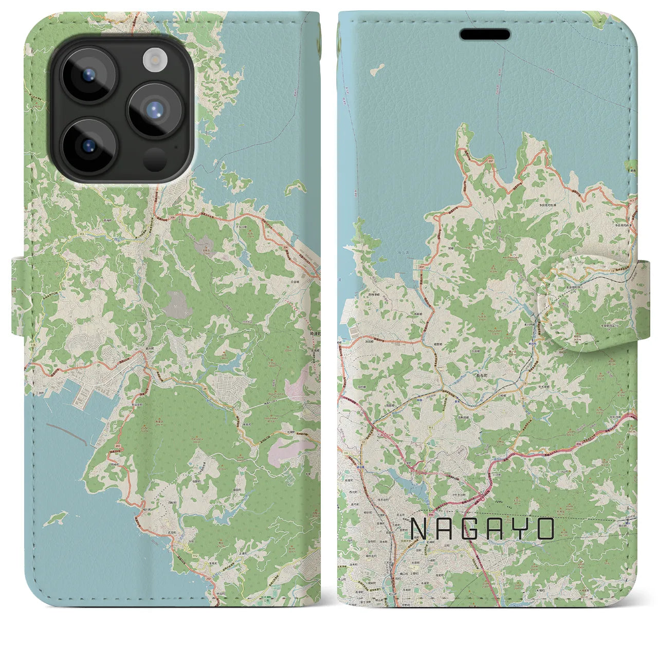 【長与(長崎県)】地図柄iPhoneケース(手帳タイプ)ナチュラル・iPhone 15 Pro Max 用