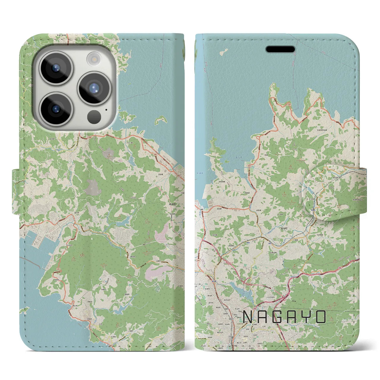 【長与(長崎県)】地図柄iPhoneケース(手帳タイプ)ナチュラル・iPhone 15 Pro 用
