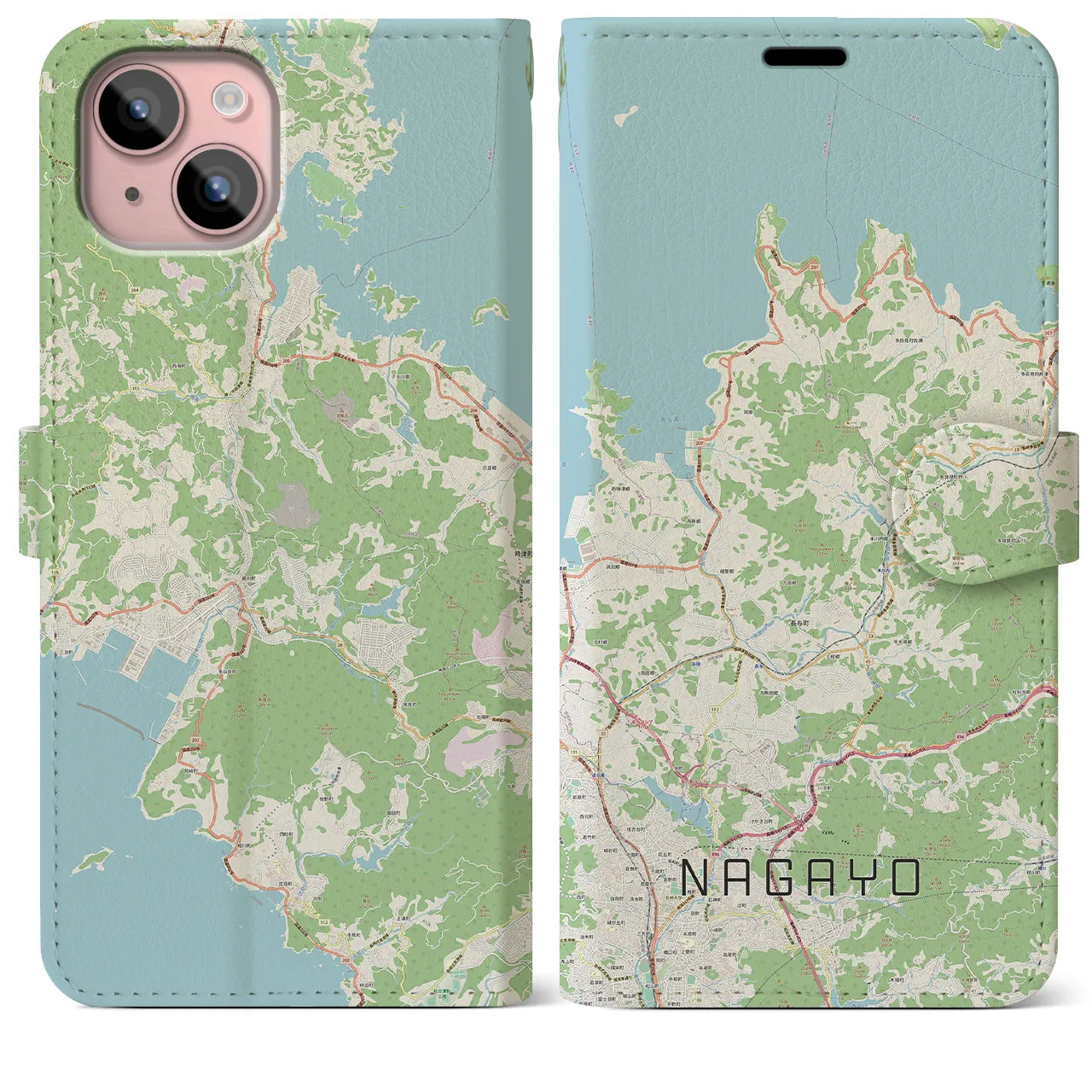 【長与(長崎県)】地図柄iPhoneケース(手帳タイプ)ナチュラル・iPhone 15 Plus 用