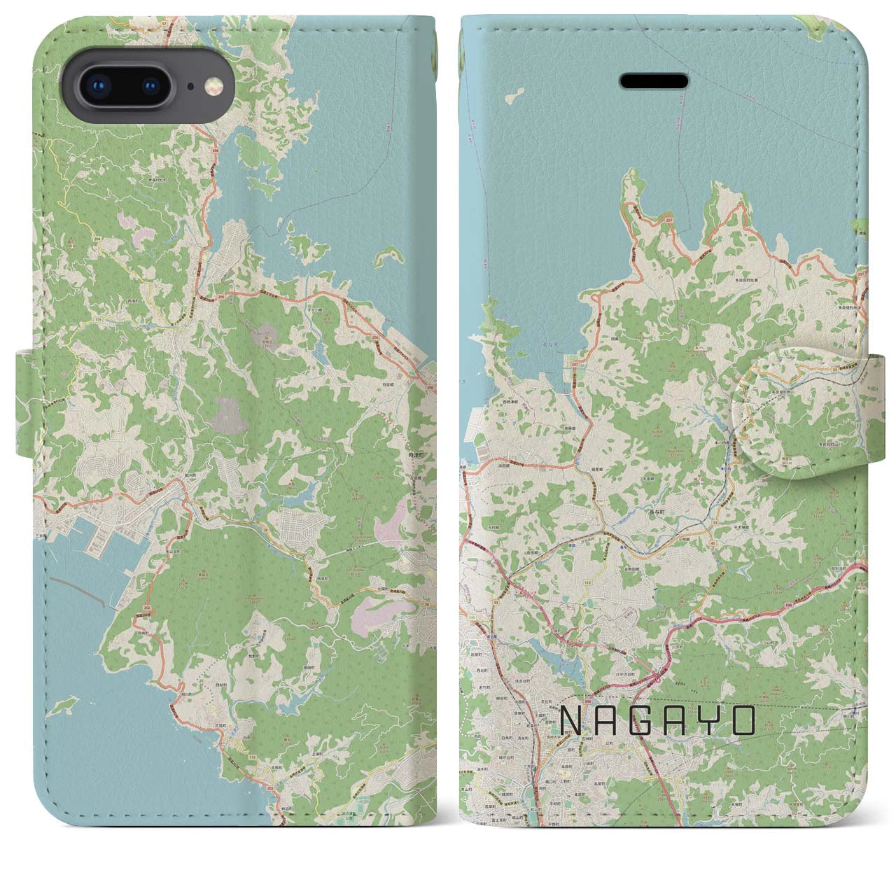 【長与(長崎県)】地図柄iPhoneケース(手帳タイプ)ナチュラル・iPhone 8Plus /7Plus / 6sPlus / 6Plus 用