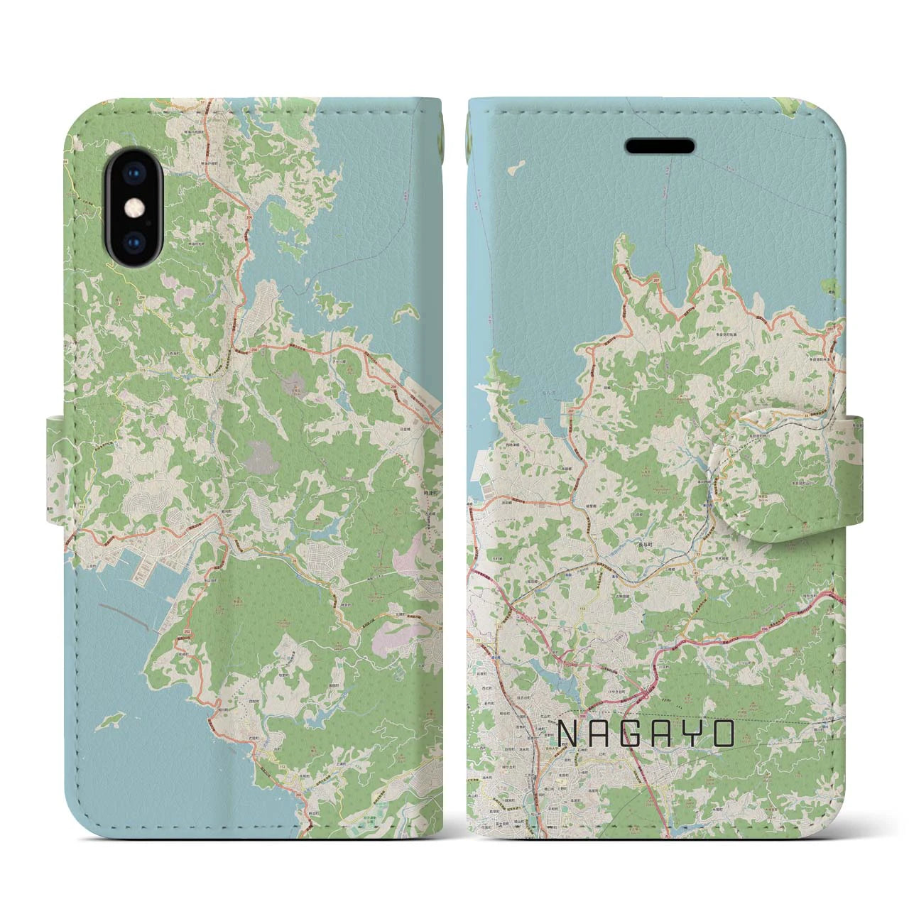 【長与(長崎県)】地図柄iPhoneケース(手帳タイプ)ナチュラル・iPhone XS / X 用