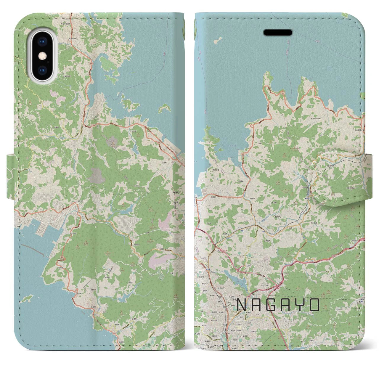 【長与(長崎県)】地図柄iPhoneケース(手帳タイプ)ナチュラル・iPhone XS Max 用