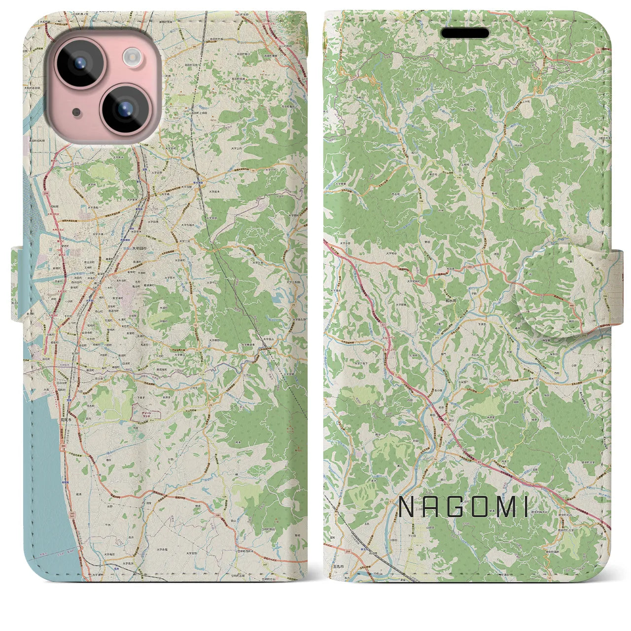【和水(熊本県)】地図柄iPhoneケース(手帳タイプ)ナチュラル・iPhone 15 Plus 用